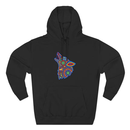 Huichol Wolf Hoodie | Vibrant Mexican Folk Art Howling Unisex Pullover Hoodie
