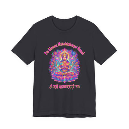 Vibrant Mahalakshmi goddess graphic tee featuring the Om Shreem mantra print.