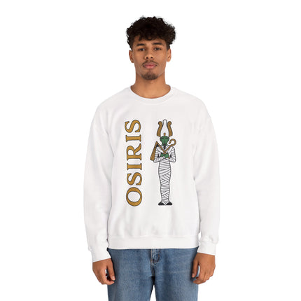 Osiris Egyptian god graphic on a white sweatshirt, featuring mummy art and mythology text.