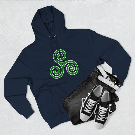 Celtic triskelion symbol on a navy blue hoodie. Triple spiral design.