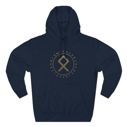 Gold Othala rune and Futhark circle graphic on a navy blue Norse mythology hoodie.