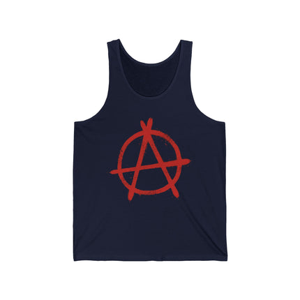 Red anarchy symbol graphic on a dark tank top. Punk, grunge, and anti-establishment streetwear style.