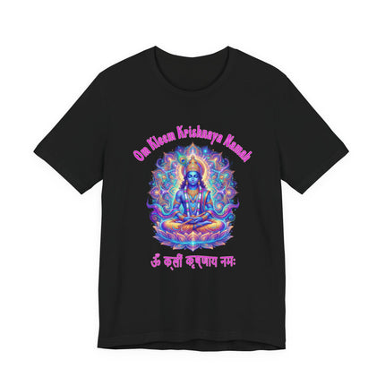 Krishna mandala t-shirt with vibrant spiritual art and Om Kleem Krishnaya Namah mantra.