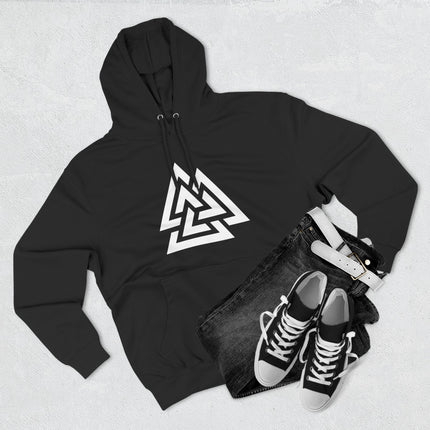 Black hoodie featuring the white Valknut Norse symbol graphic. Viking mythology apparel.