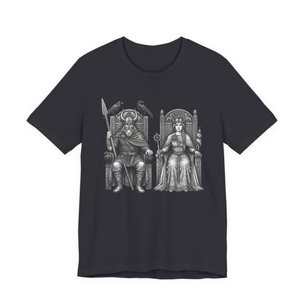 Odin and Frigg Norse gods graphic tee featuring detailed Viking mythology art.