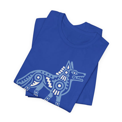 Aztec Coyote T-Shirt | Blue Geometric Mesoamerican Animal Art Tee