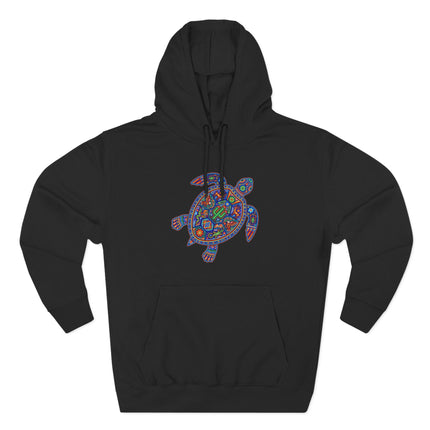Vibrant Huichol Mexican folk art turtle graphic on a black pullover hoodie.