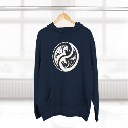 Navy hoodie with a white dragon Yin Yang graphic symbolizing balance and duality.