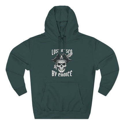 Unisex hoodie featuring a pirate skull graphic and "Lost at Sea By Choice" nautical design.