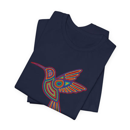 Vibrant Huichol art hummingbird graphic tee, featuring Mexican folk art and colorful cultural design.