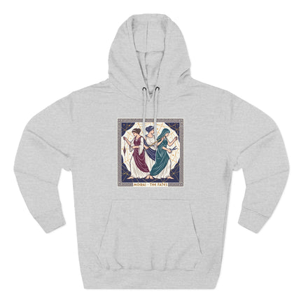 Greek Moirai (Fates) goddesses graphic on a hoodie, symbolizing destiny and fate in classical mythology.