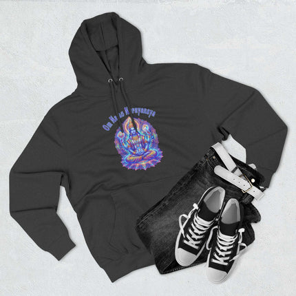 Psychedelic Om Namah Narayanaya Vishnu mandala art on a black pullover hoodie.