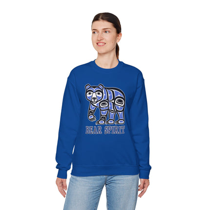 Blue sweatshirt featuring stylized Indigenous bear formline art and "BEAR SPIRIT" text.