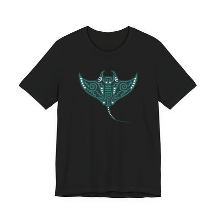 Mayan Manta Ray T-Shirt | Teal Patterned Wings and Sweeping Tail Tee