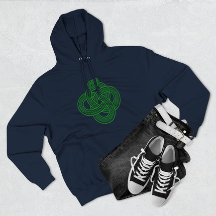 Green Celtic Ouroboros knotwork symbol on a dark blue pullover hoodie.