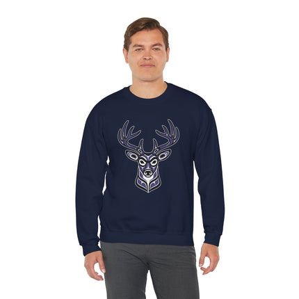 Indigenous tribal deer head graphic on a navy pullover sweatshirt. Pacific Northwest art style.