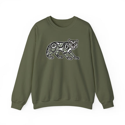 Northwest Coast cougar formline art graphic on an indigenous style pullover sweatshirt.