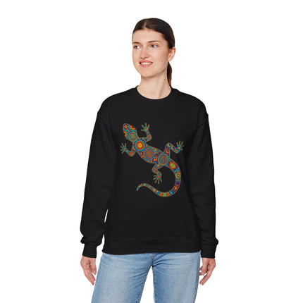 Colorful Huichol tribal lizard art graphic on a black unisex sweatshirt.