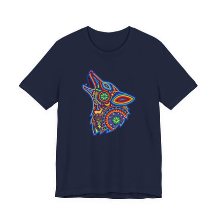 Howling wolf graphic tee featuring vibrant Huichol Mexican folk art style.