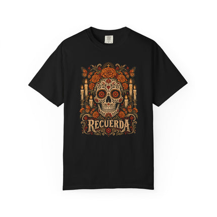 Recuerda T-Shirt | Decorated Skull, Marigolds and Candle Artwork