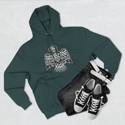 Indigenous hawk graphic hoodie featuring Northwest Coast tribal formline art design.