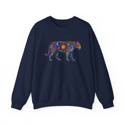 Colorful tribal jaguar graphic featuring mosaic and geometric patterns on a navy sweatshirt.