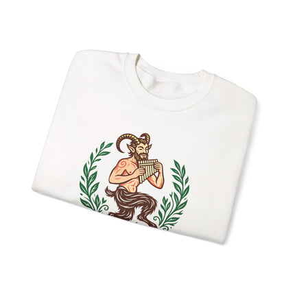 Mythology graphic sweatshirt featuring Io and Pan Greek gods print.