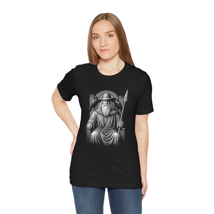 Odin Norse God graphic t-shirt illustration featuring ravens and a spear.