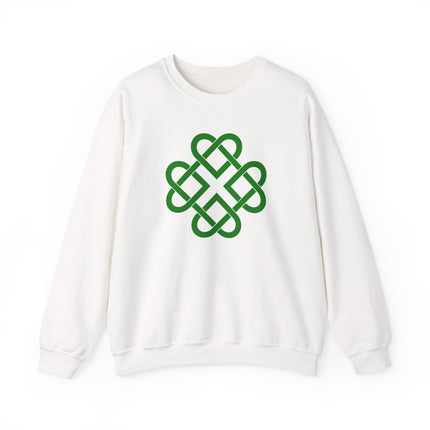 Green unisex sweatshirt featuring a Celtic knot heart and clover graphic design.