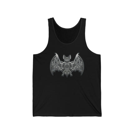 Tribal Mayan bat symbol graphic on a black tank top with Aztec geometric art.