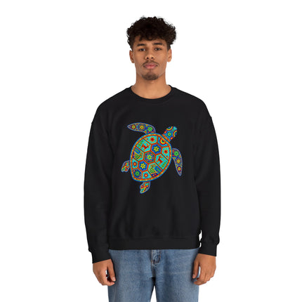 Vibrant Mexican folk art turtle graphic on a black unisex sweatshirt.