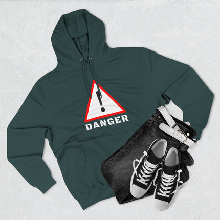 Teal pullover hoodie featuring a red triangular danger warning sign graphic and "DANGER" text.