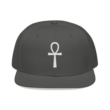 Dark grey snapback hat with white embroidered Ankh symbol, the Egyptian Key of Life.