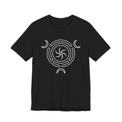 Hecate's Wheel and Triple Goddess Moon Symbol graphic on a black unisex tee.