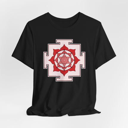 Red and pink Bhuvaneshwari Yantra sacred geometry print on a black spiritual t-shirt.