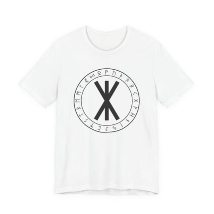 Norse rune graphic tee featuring the Elder Futhark circle and protective symbol design.
