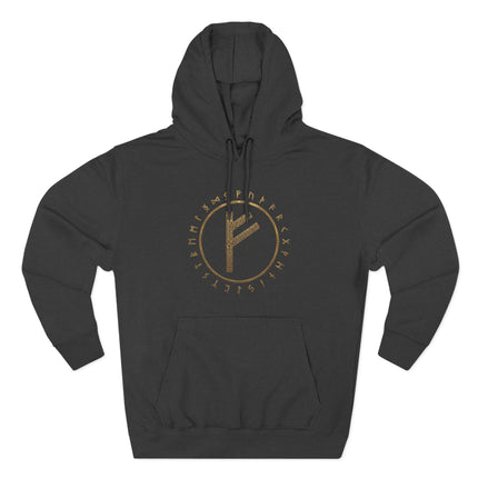 Norse Viking hoodie featuring the Fehu rune and the complete Elder Futhark circle design.