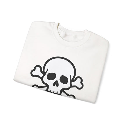 Black line-art skull graphic on white pullover sweatshirt. Gothic or pirate-themed alternative apparel.