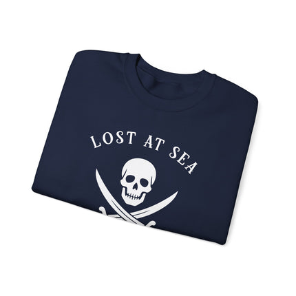 Nautical pirate skull and sword graphic pullover sweatshirt design.