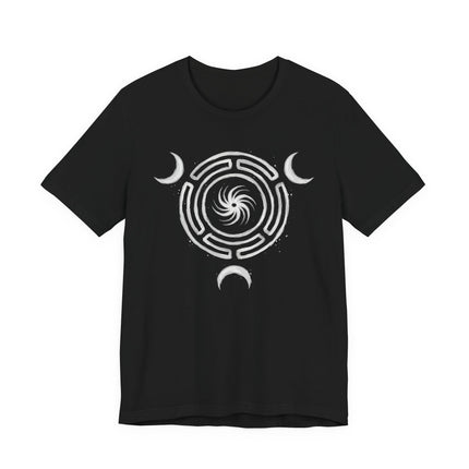 Black t-shirt featuring a triple moon and circular wheel design, symbolizing the lunar cycle and goddess power.