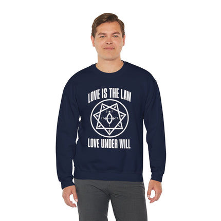 Thelema Love Is The Law occult sweatshirt featuring the Star of Babalon hexagram symbol.