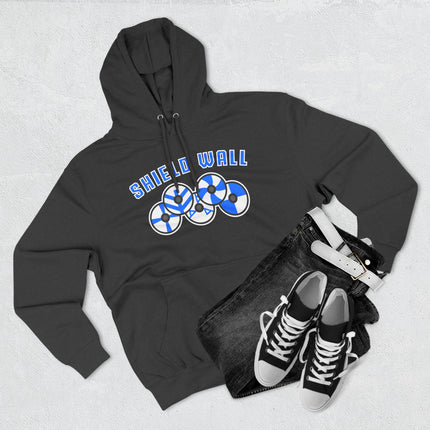 Shield Wall graphic hoodie featuring three blue Viking shields and Norse text.
