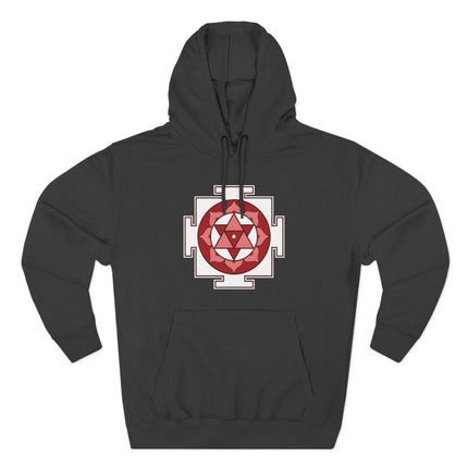 Sacred geometry Shiva Yantra print on black spiritual hoodie. Hindu symbol geometric design.