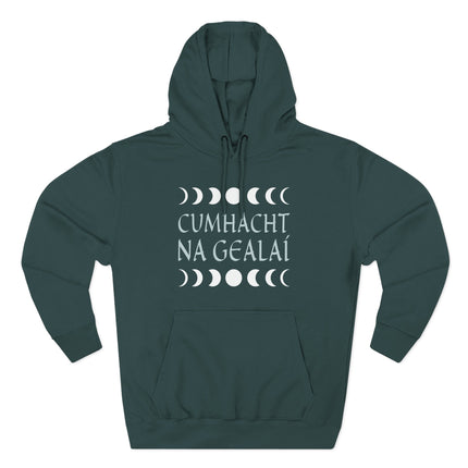 Hoodie with Irish Gaelic "Cumhacht na Gealáí" and celestial moon phase symbols.