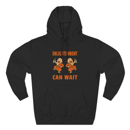 Funny hoodie design: Two cartoon monks drinking sake, featuring the text "Enlightenment Can Wait.