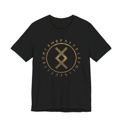 Black t-shirt featuring a golden Norse Futhark rune circle and central Inguz symbol design.