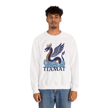 Tiamat winged dragon graphic on a white sweatshirt, inspired by Mesopotamian mythology.