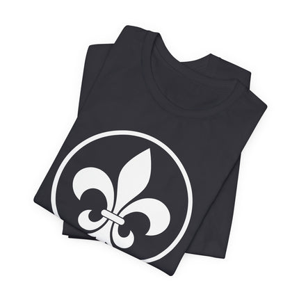 Fleur de Lis French heraldry graphic tee on a black t-shirt.