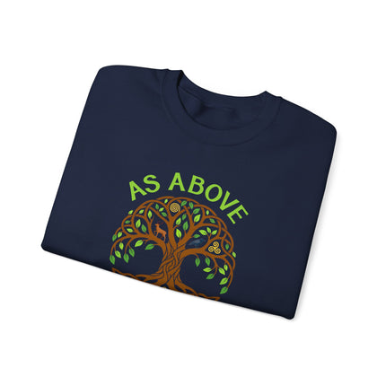 Celtic Tree of Life sweatshirt design featuring mythology, nature motifs, and 'As Above So Below' art.