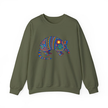 Vibrant Huichol Armadillo Sweatshirt | Dotted Mexican Folk Art Pullover Sweatshirt